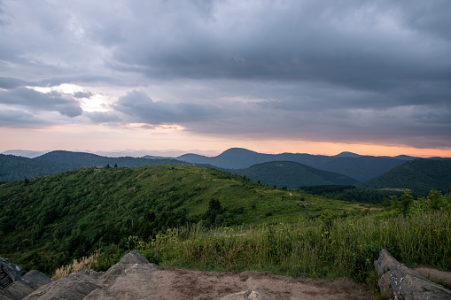 Black Balsam Knob in the Pisgah National Forest near the Blue Ridge Parkway at sunset.