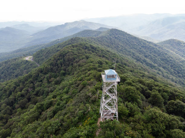 Fryingpan Mountain Lookout Tower in Western NC from Above Aerial view of the Fryingpan Mountain Lookout Tower in the Pisgah National Forest, near the Blue Ridge Parkway. lookout tower stock pictures, royalty-free photos & images