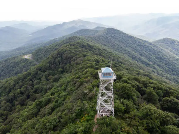 Aerial view of the Fryingpan Mountain Lookout Tower in the Pisgah National Forest, near the Blue Ridge Parkway.