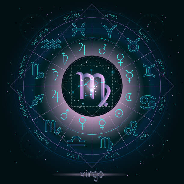 istock Zodiac sign and constellation VIRGO with Horoscope circle on the starry night sky background with geometry pattern. Sacred symbols and pictograms astrology planets in mystical circle. 1165626215