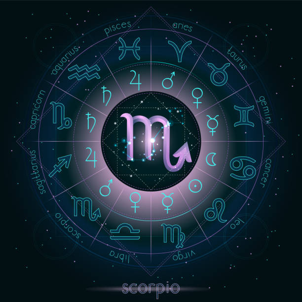 istock Zodiac sign and constellation SCORPIO with Horoscope circle on the starry night sky background with geometry pattern. Sacred symbols and pictograms astrology planets in mystical circle. 1165626370