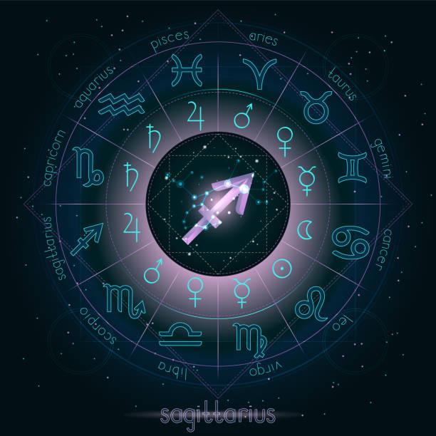 istock Zodiac sign and constellation SAGITTARIUS with Horoscope circle on the starry night sky background with geometry pattern. Sacred symbols and pictograms astrology planets in mystical circle. 1165626396