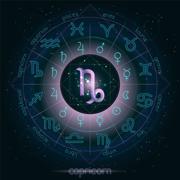 istock Zodiac sign and constellation CAPRICORN with Horoscope circle on the starry night sky background with geometry pattern. Sacred symbols and pictograms astrology planets in mystical circle. 1165627201