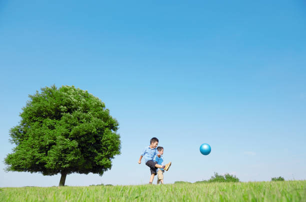 Japanese boy playing in the field
