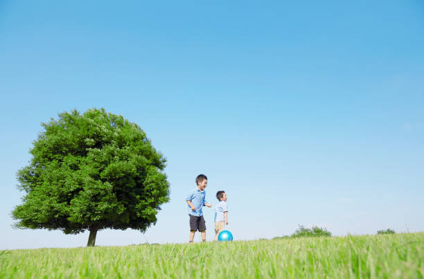 Japanese boy playing in the field