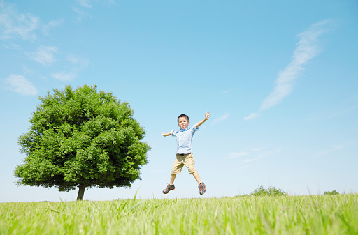 Japanese boy playing in the field