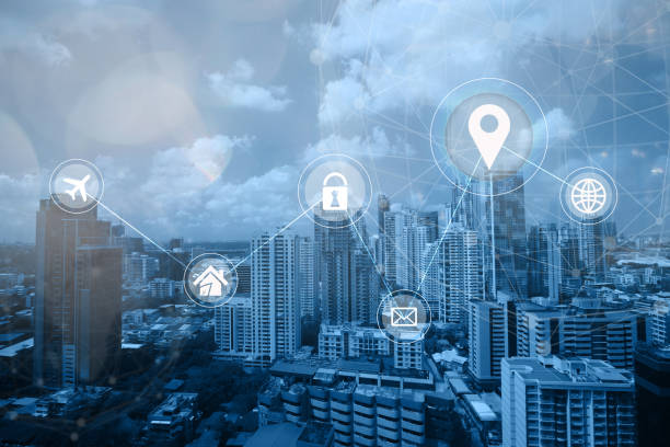 istock Cityscape skyline with smart services and icons, internet and networks. 1165632961