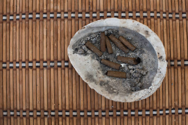 beedi cigarette in ashtray against brown background