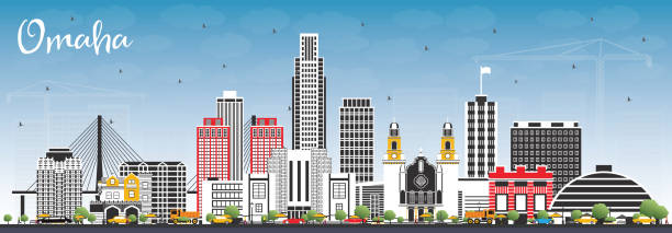 Omaha Nebraska City Skyline with Color Buildings and Blue Sky. Omaha Nebraska City Skyline with Color Buildings and Blue Sky. Vector Illustration. Business Travel and Tourism Concept with Historic Architecture. Omaha USA Cityscape with Landmarks. omaha stock illustrations