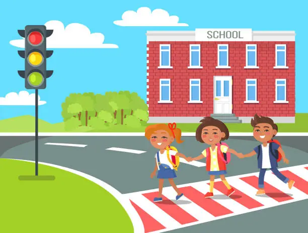 Vector illustration of Pupils go Home After Classes Crossing Pedestrian