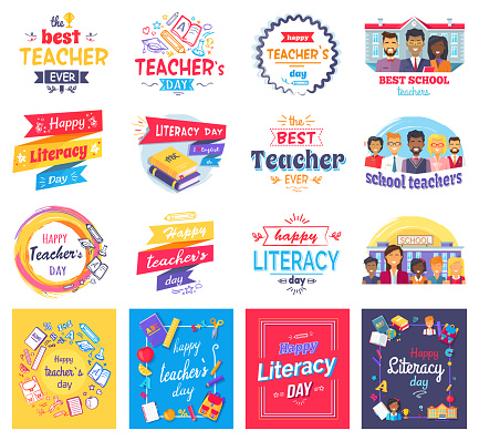 Literacy and teachers day stickers set with big signs, books in hardcover, male and female characters and stationery supplies vector illustrations.