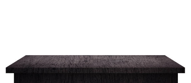 Empty Wood table with black pattern isolated on pure white background. Wooden desk and black shelf display board with perspective floor. ( Clipping path )