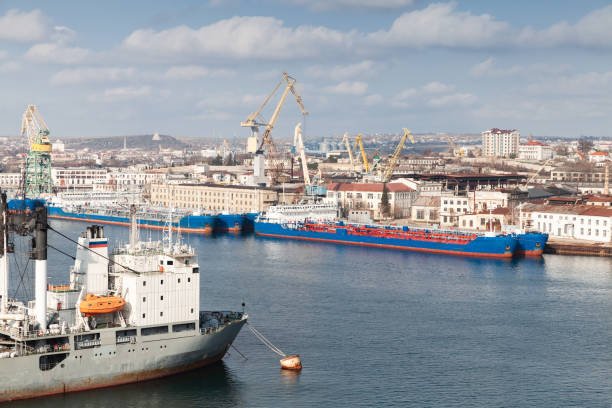 Cargo ships moored in Yuzhnaya Bay, one of the harbour bays in Sevastopol, Crimea