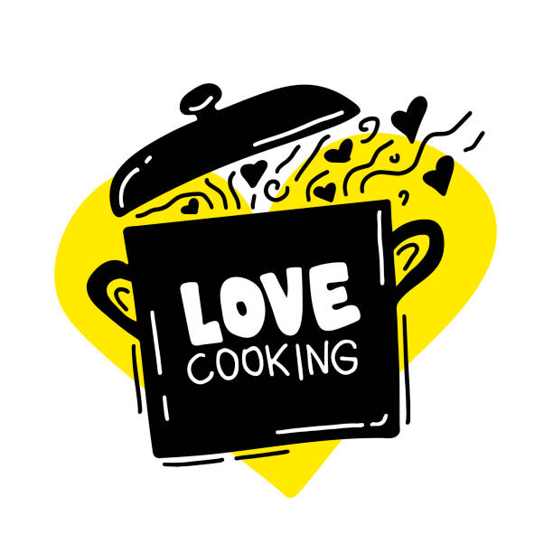 ilustrações, clipart, desenhos animados e ícones de cozinhando o logotipo culinário, utensílios, colher, potenciômetro, cozimento do amor. lettering, logotipo da caligrafia, estilo do esboço, corações. ilustração desenhada mão do vetor - panela