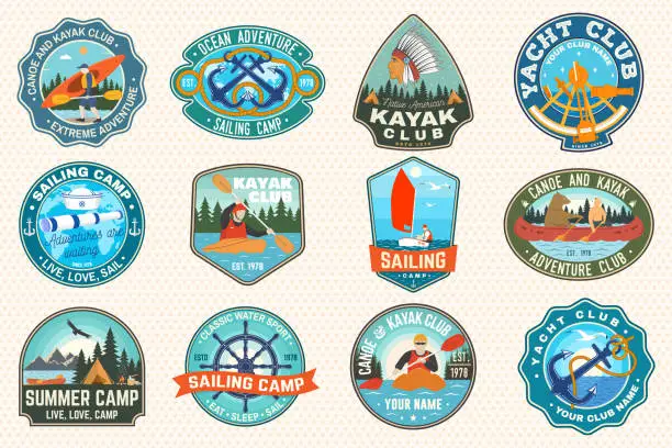 Vector illustration of Set of sailing camp, canoe and kayak club patches. Vector. Concept for shirt, print, stamp. Design with sea anchors, hand wheel, sail boat and river, kayaker silhouette. Extreme water sport.