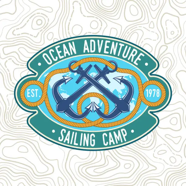 Vector illustration of Sailing camp badge. Vector. Concept for shirt, print, stamp or tee. Vintage typography design with black sea anchors and rope knot silhouette. Best Sporting Activity