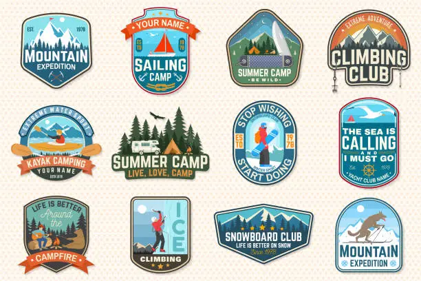 Vector illustration of Set of sailing camp, canoe and kayak club patches. Vector. Concept for shirt, print, stamp or tee. Outdoor adventure patches.