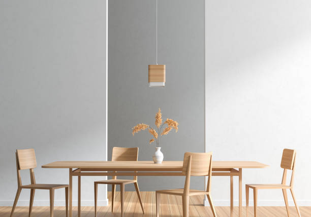 istock Spacious modern dining room with wooden chairs and table.  Minimalist dining room design. 3D illustration. 1165656441