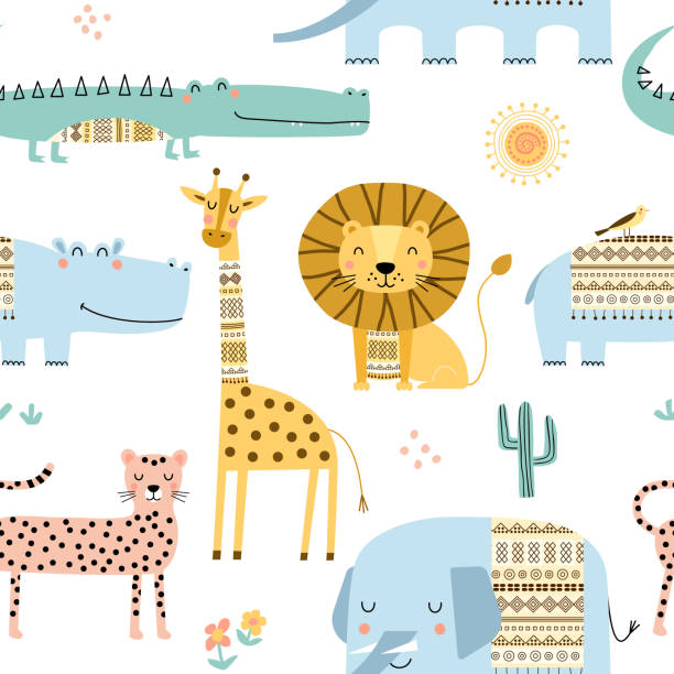 Seamless childish pattern with cute African animals. Scandinavian style kids texture for fabric, wrapping, textile. Vector illustration. Seamless childish pattern with cute African animals, lion, elephant, hippo, giraffe,crocodile. Scandinavian style kids texture for fabric, wrapping, textile, wallpaper, apparel. Vector illustration. safari animals cartoon stock illustrations