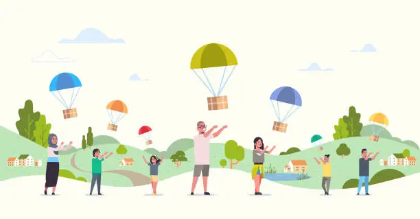 Vector illustration of mix race people catching parcel box falling down with parachute from sky shipping package air mail express postal delivery concept countryside landscape background full length flat horizontal