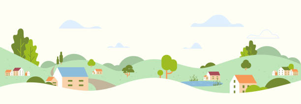 summer panoramic beautiful rural landscape with village houses and hills countryside background flat horizontal summer panoramic beautiful rural landscape with village houses and hills countryside background flat horizontal vector illustration rural scene illustrations stock illustrations