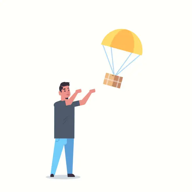 Vector illustration of man catching parcel box falling down with parachute from sky transportation shipping package air mail express postal delivery concept full length flat