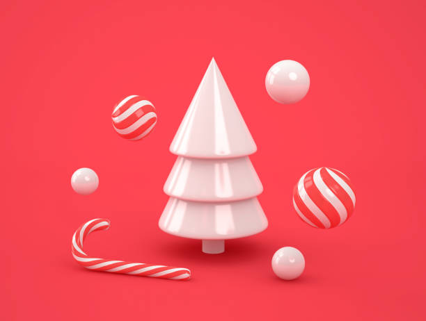 Abstract white christmas tree with candies on red background