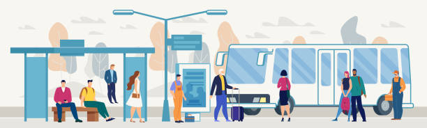 ilustrações de stock, clip art, desenhos animados e ícones de passengers on city bus stop platform flat vector - public transportation route