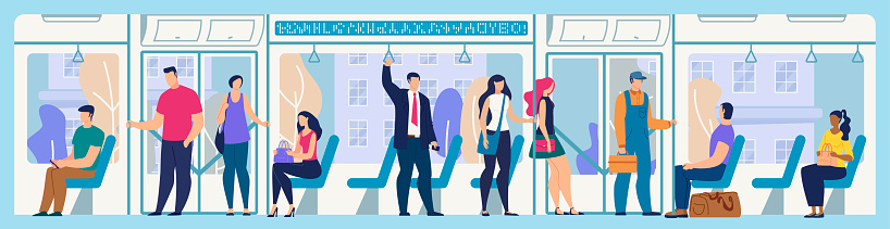 People on City Bus or Tram Flat Vector Concept