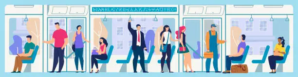 Vector illustration of People on City Bus or Tram Flat Vector Concept