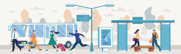 Passengers on City Bus Stop Flat Vector Concept Modern City Public Transport System Flat Vector Concept with People Walking on Sidewalk, Passenger Waiting Bus on Stop, or Station Platform, Man Hurrying, Running Because of Late on Bus Illustration public transportation illustrations stock illustrations