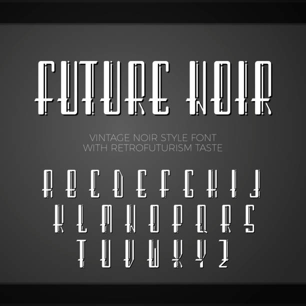 Vector vintage noir retrofuturism style font Vector font. Vintage noir style font, with taste of retrofuturism. Long letters with shadows. futurism stock illustrations