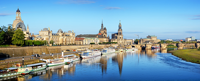 Dresden skyline with Frauenkirche and Elbe river at sunset, Germany. Composite photo