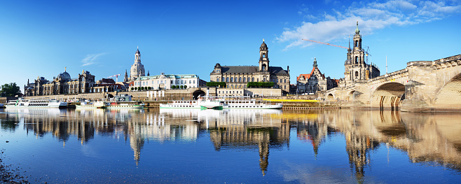 Dresden skyline with Frauenkirche and Elbe river at sunny day, Germany. Composite photo