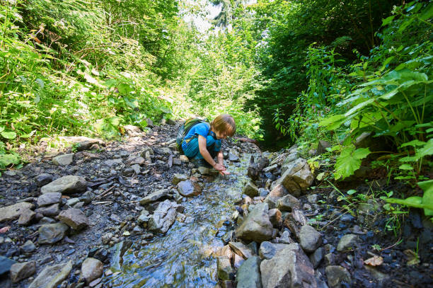 Boy playing into te forest stream at summer day.