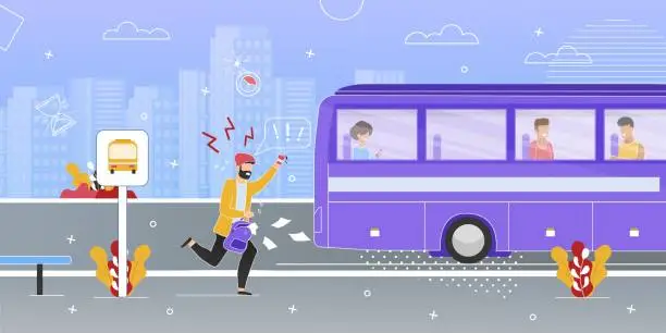 Vector illustration of Passenger Running Trying to Catch Up Bus Vector