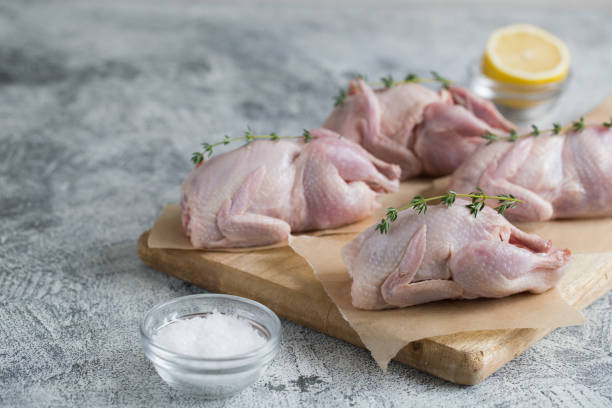 Raw uncooked quail. raw meat quails ready for cooking on a cutting board with copy space stock photo