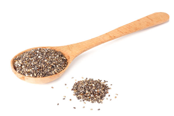 istock Chia seeds in wooden spoon isolated on white background. 1165675040