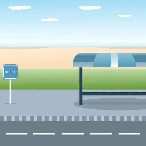 Vector illustration of Bus stop design in with view sea beach flat vector illustration background