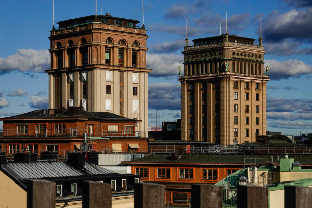 Stockholm, Sweden August 1, 2019 Kungstornen (King's Towers) are twin-tower skyscrapers, individually named Norra Kungstornet (Northern King's Tower) and SÃ¶dra Kungstornet (Southern King's Tower), in Norrmalm, Stockholm.