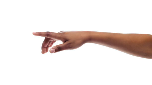 istock Black girl's hand touching virtual screen isolated on white background 1165676512