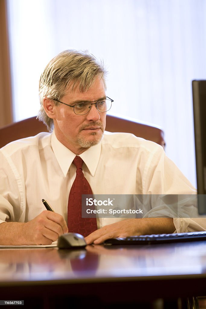Businessman Looking At Computer Handsome man taking notes and looking at his computer monitor. 40-49 Years Stock Photo