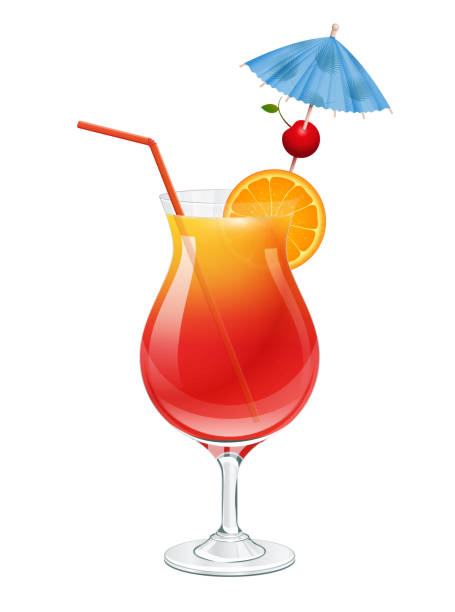 Tequila sunrise cocktail with cherry, slice of orange, party umbrella and red straw tube decoration. Isolated on white background vector illustration. Tequila sunrise cocktail with cherry, slice of orange, party umbrella and red straw tube decoration. Isolated on white background vector illustration. tequila sunrise stock illustrations