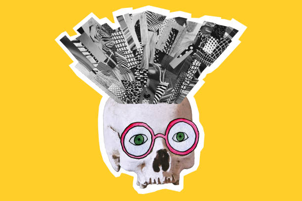 Art contemporary collage. Skull with iroquois and glasses. Art contemporary collage. Made of magazines and colorful paper cut clippings with hand drawn sketches. Zine culture. Skull with iroquois and watercolor glasses on yellow background. skull photos stock pictures, royalty-free photos & images