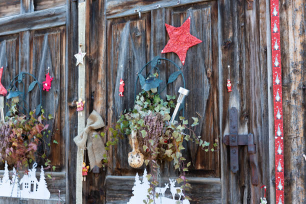 Wooden door with various ornaments for Christmas decoration