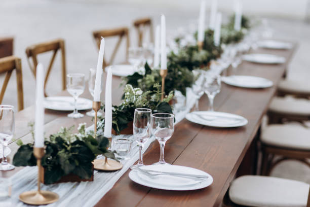 istock Eco-friendly, wedding decor. Wooden table newlyweds for a party. 1165684801
