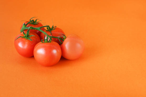 istock Ripe fresh tomatoes on branch on orange background 1165684816