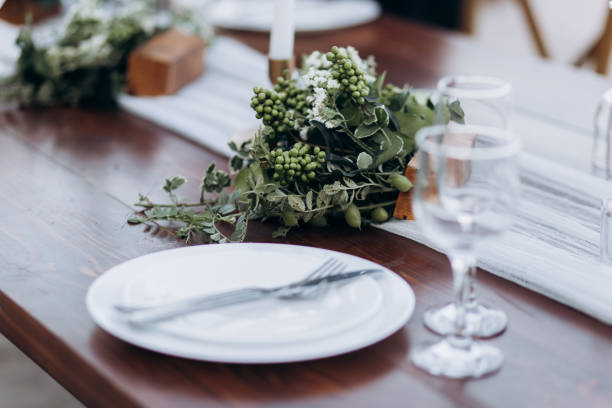 istock Eco-friendly, wedding decor. Wooden table newlyweds for a party. 1165684845