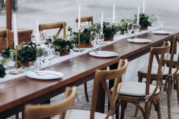 istock Eco-friendly, wedding decor. Wooden table newlyweds for a party. 1165685018