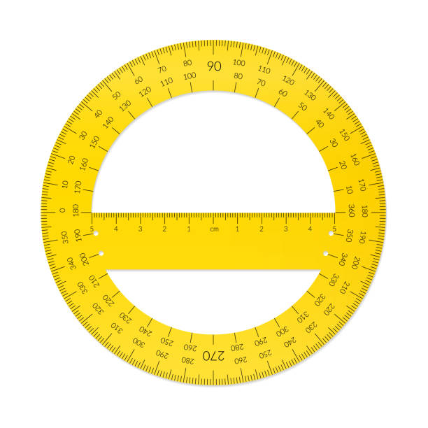 illustrazioni stock, clip art, cartoni animati e icone di tendenza di protrattore circolare in plastica con righello in unità metriche - tape measure yellow long instrument of measurement